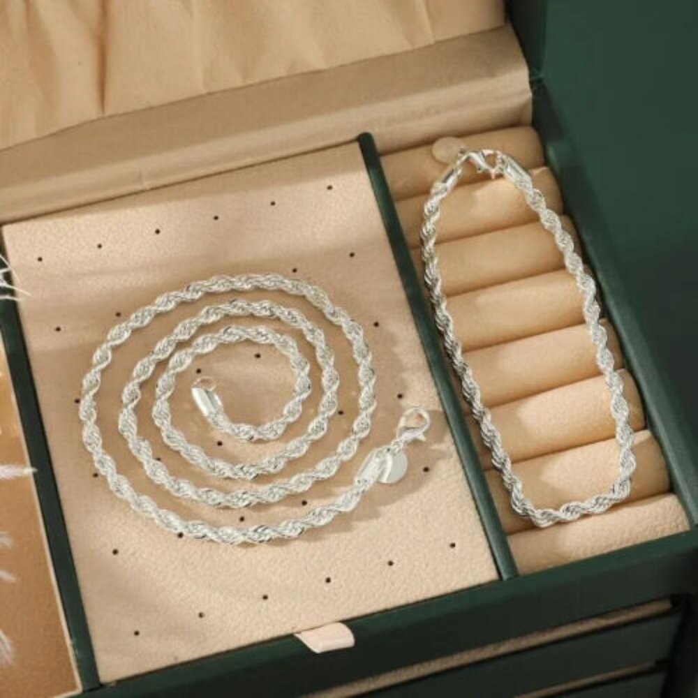 2 PC ROPE CHAIN STYLE NECKLACE & BRACELET SET 4MM WIDE 925 STERLING SILVER